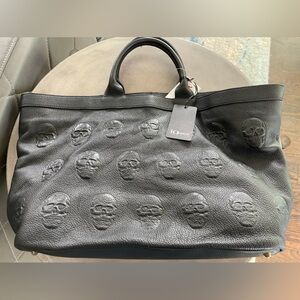 NWT GENUINE IO Pelle Italian Black Pebbled Leather large Skull Tote,Bag,strap